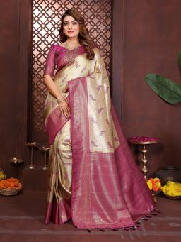 Anaita - Cream Paisley Woven Banarasi Tissue Silk Saree with Unstitched Blouse