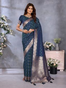 Anaita - Teal Gala Weaving Premium Banarasi Tissue Silk Saree with Unstitched Blouse