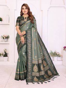 Anaita - Grey Floral Woven Premium South Soft Silk Saree with Unstitched Blouse