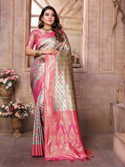 Anaita - Off White Banarasi Chaturi Silk with Weaving Saree with Unstitched Blouse