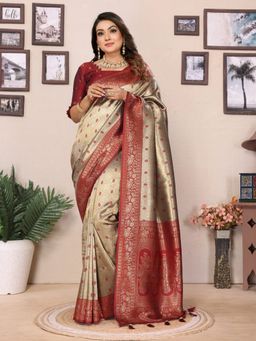 Anaita - Beige Tissue Silk Weaving Zari Work Saree with Unstitched Blouse
