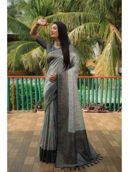 Anaita - Grey Woven Design Pure Kanjivaram Soft Satin Silk Saree with Unstitched Blouse