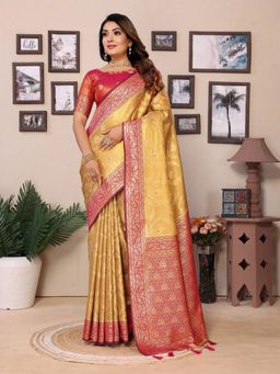 Anaita - Golden Tissue Silk Jaal Floral Weaving Saree with Unstitched Blouse