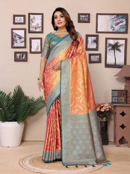Anaita - Orange Tissue Silk Jaal Floral Weaving Saree with Unstitched Blouse