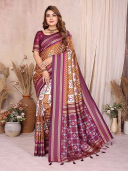 Anaita - Brown Ikat Print Premium South Soft Silk Saree with Unstitched Blouse
