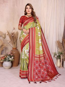 Anaita - Green Ikat Print Premium South Soft Silk Saree with Unstitched Blouse