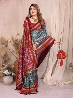 Anaita - Grey Ikat Print Premium South Soft Silk Saree with Unstitched Blouse