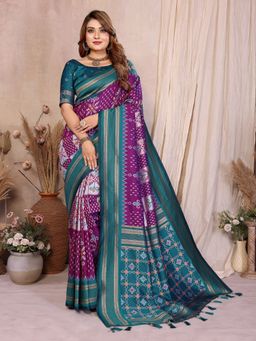 Anaita - Purple Ikat Print Premium South Soft Silk Saree with Unstitched Blouse