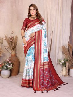 Anaita - White Ikat Print Premium South Soft Silk Saree with Unstitched Blouse