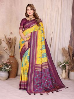 Anaita - Yellow Ikat Print Premium South Soft Silk Saree with Unstitched Blouse