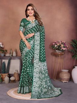 Anaita - Green Handmade Bhandhej Printed Viscose Silk Saree with Unstitched Blouse