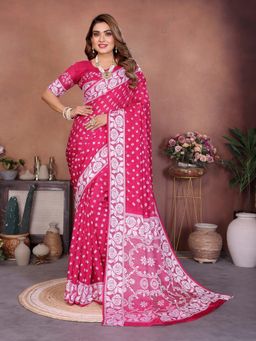 Anaita - Pink Handmade Bhandhej Printed Viscose Silk Saree with Unstitched Blouse