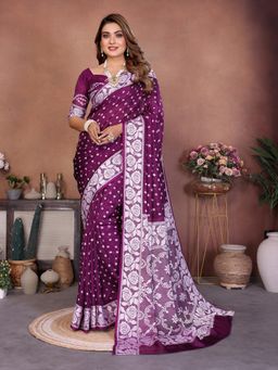 Anaita - Purple Handmade Bhandhej Printed Viscose Silk Saree with Unstitched Blouse