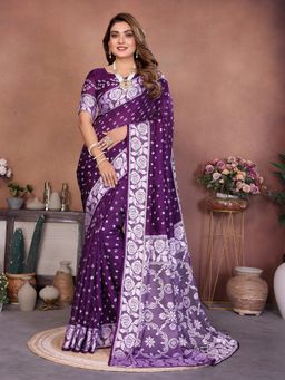 Anaita - Dark Purple Handmade Bhandhej Printed Viscose Silk Saree with Unstitched Blouse