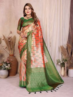 Anaita - Orange Floral Woven Banarasi Tissue Silk Saree with Unstitched Blouse