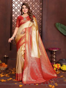 Anaita - Beige Floral Woven Banarasi Tissue Silk Saree with Unstitched Blouse
