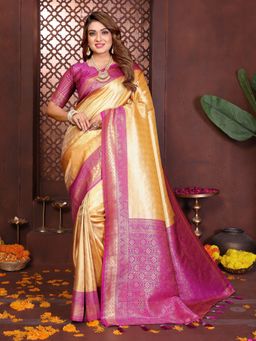 Anaita - Yellow Floral Woven Banarasi Tissue Silk Saree with Unstitched Blouse