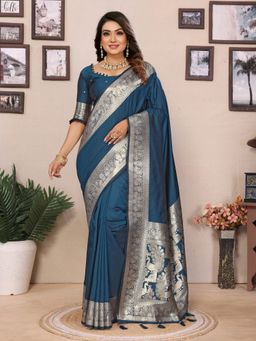 Anaita - Aqua Blue Banarasi Silk Zari Woven Border Saree with Unstitched Blouse