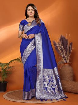 Anaita - Blue Banarasi Silk Zari Woven Border Saree with Unstitched Blouse