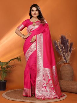 Anaita - Pink Banarasi Silk Zari Woven Border Saree with Unstitched Blouse