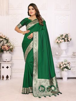 Anaita - Dark Green Banarasi Silk Gala Weaving Tassels Saree with Unstitched Blouse