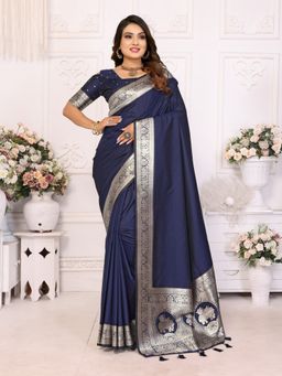 Anaita - Navy Blue Banarasi Silk Gala Weaving Tassels Saree with Unstitched Blouse