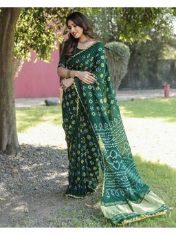 Anaita - Green Bandhani Print Pure Silk Saree with Unstitched Blouse