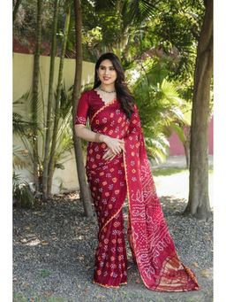 Anaita - Maroon Bandhani Print Pure Silk Saree with Unstitched Blouse