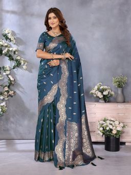 Anaita - Blue Premium Banarasi Tissue Silk Woven Gala Saree with Unstitched Blouse