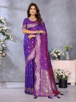 Anaita - Purple Premium Banarasi Tissue Silk Woven Gala Saree with Unstitched Blouse