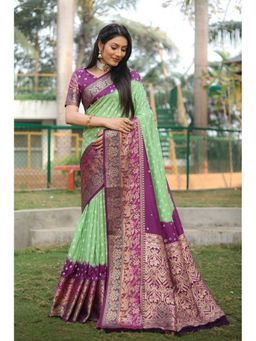 Anaita - Light Green Bandhej Print Kanjivaram Soft Silk Woven Saree with Unstitched Blouse
