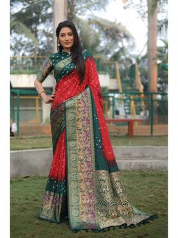 Anaita - Red Bandhej Print Kanjivaram Soft Silk Woven Border Saree with Unstitched Blouse