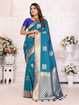 Anaita - Blue Soft Silk Zari Weaving Tassels Saree with Unstitched Blouse