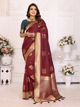 Anaita - Brown Soft Silk Zari Weaving Tassels Saree with Unstitched Blouse