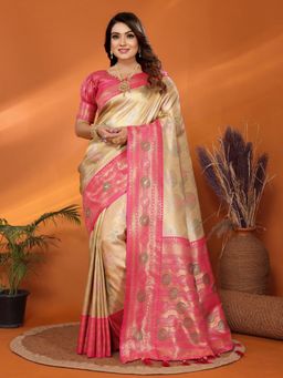 Anaita - Beige Tissue Woven Saree with Unstitched Blouse