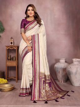 Anaita - Beige Silk Woven Saree with Unstitched Blouse