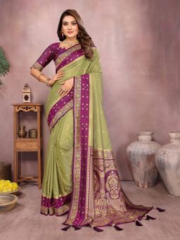Anaita - Green Silk Woven Saree with Unstitched Blouse