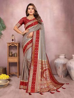 Anaita - Grey Silk Woven Saree with Unstitched Blouse