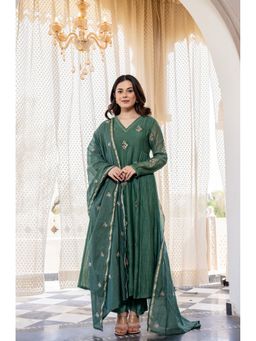 Ekta Textiles - Green Chanderi Silk Embroidered Anarkali Kurta with Pant and Dupatta