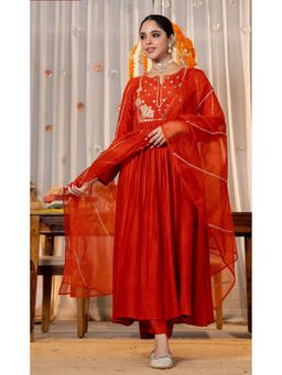 Ekta Textiles - Orange Chanderi Silk Embroidered Anarkali Kurta with Pant and Dupatta