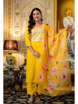 Ekta Textiles - Yellow Elegant Viscose Rayon Embroidered Kurta with Pant and Dupatta