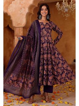 Ekta Textiles - Purple Elegant Rayon Blend Printed Anarkali Kurta with Pant and Dupatta
