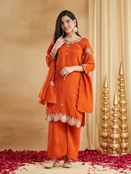 Ekta Textiles - Orange Elegant Vichitra Silk Embroidered Kurta with Palazzo and Dupatta