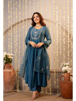 Ekta Textiles - Blue Premium Chanderi Silk Embroidered Anarkali Kurta with Pant and Dupatta