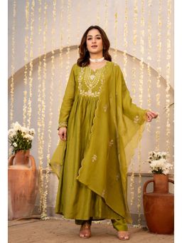 Ekta Textiles - Green Premium Chanderi Silk Embroidered Anarkali Kurta with Pant and Dupatta