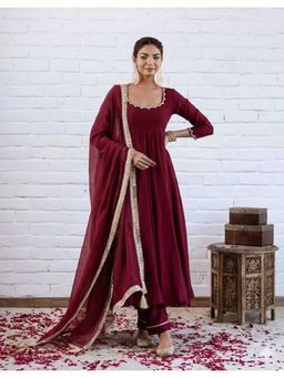 Ekta Textiles - Wine Elegant Chanderi Silk Solid Anarkali Kurta with Pant and Dupatta