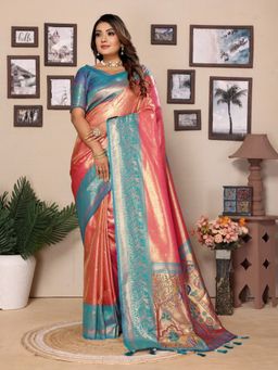 Anaita - Red Tissue Woven Saree with Unstitched Blouse