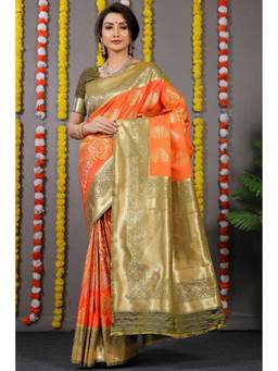 Anaita - Orange Zari Woven Design Pure Silk Banarasi Saree with Unstitched Blouse