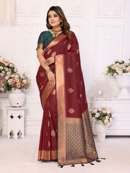 Anaita - Maroon Silk Woven Saree with Unstitched Blouse