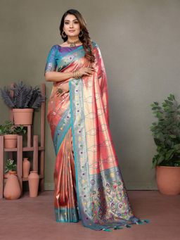 Anaita - Red Tissue Woven Saree with Unstitched Blouse